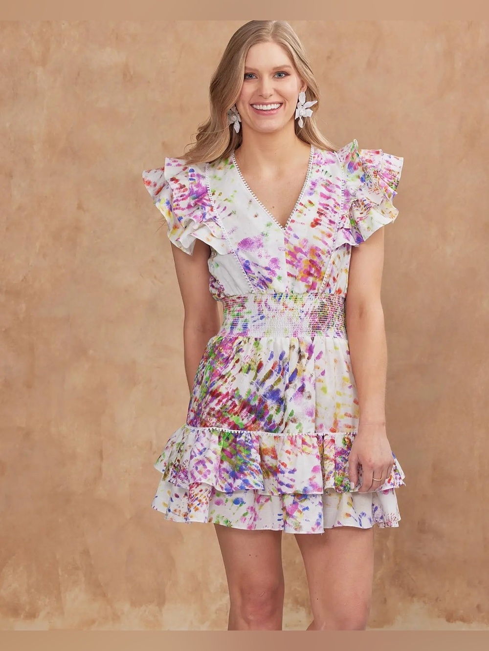 Willa Story Handprint Print Smocked Ruffle Mini Dress XS Boho Cottagecore